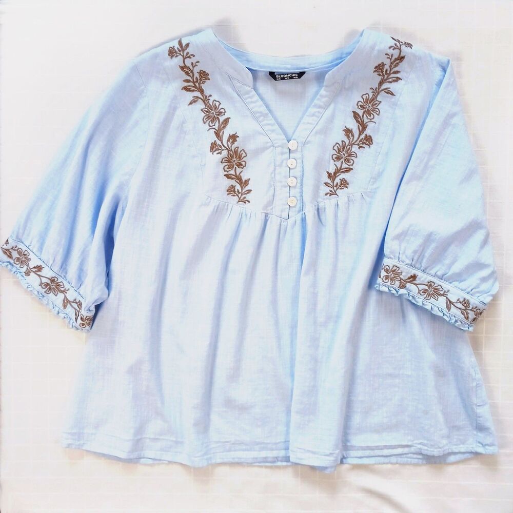 Bloomchic Cotton Boho Blouse Blue w Brown Embroidery Size 26/4X - Picture 7 of 10